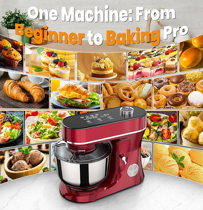 Stand Mixer 6QT Kitchen Mixer with LED Smart Touchscreen, 11-Speed Tilt-Head Mixer with Timer, 4 Preset Menus, Stainless Steel Bowl, Dough Hook, Whisk, Beater,Red