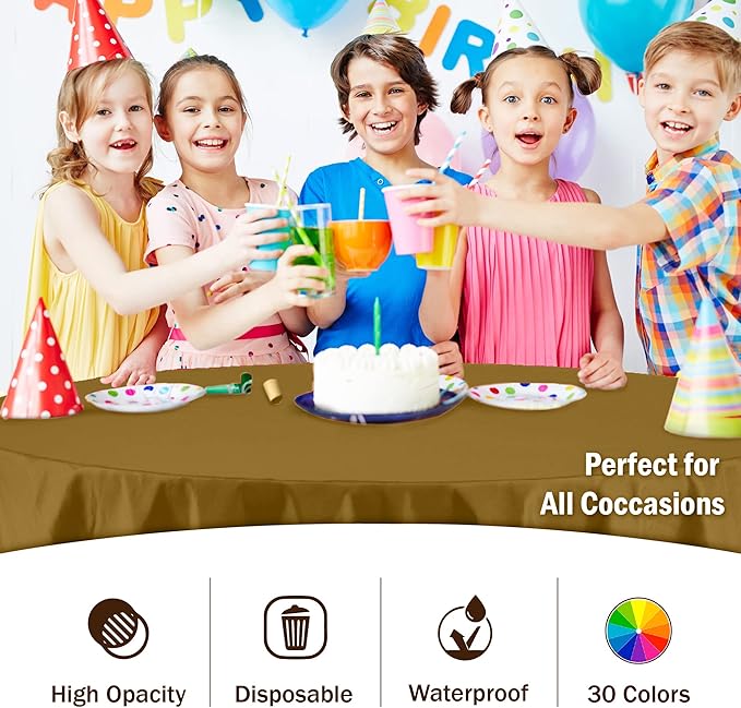 Party Solids 6-Pack Premium Plastic Tablecloth 84in. Round Plastic Table Cover - Gold