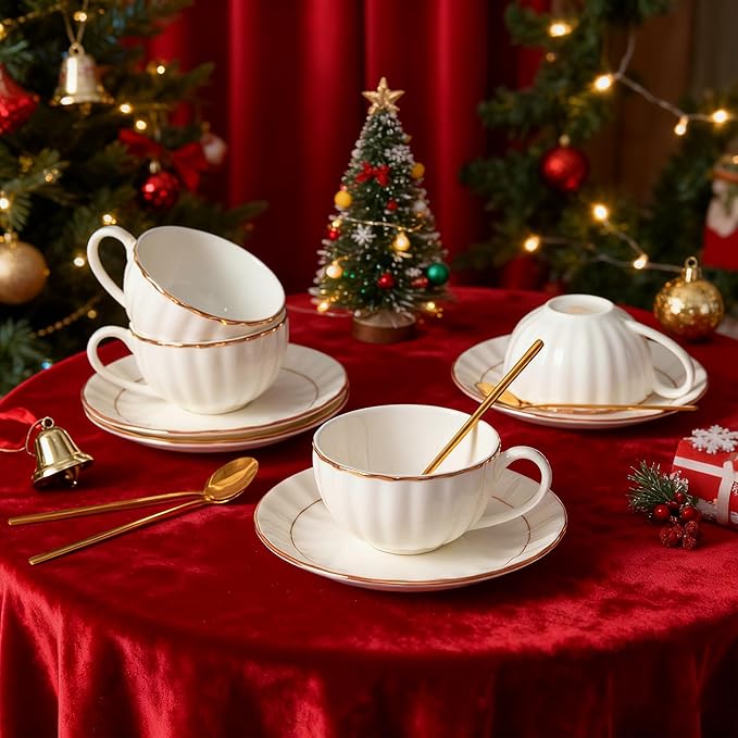 Bone China Tea Cups and Saucers Set (6 oz, Set of 4) ??White Luxury Fine Porcelain Mugs for Tea, Coffee, Latte Art, Barista Use, Elegant Gifting