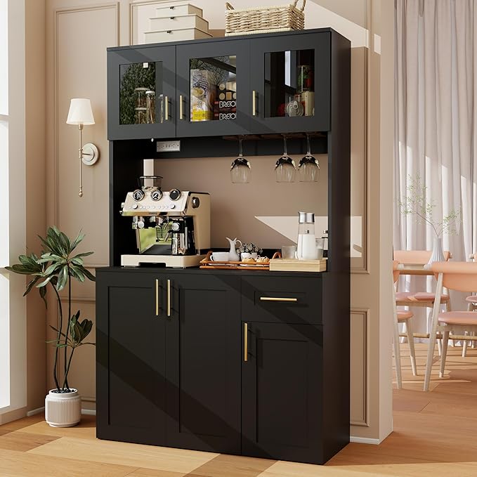Kitchen Pantry Cabinet with Hutch: 71" Black Tall Kitchen Pantry Storage Cabinet with Drawers, 3 Glass Doors, Countertop, Hutch with Microwave Shelf and Charging Station for Dining Room (Black)