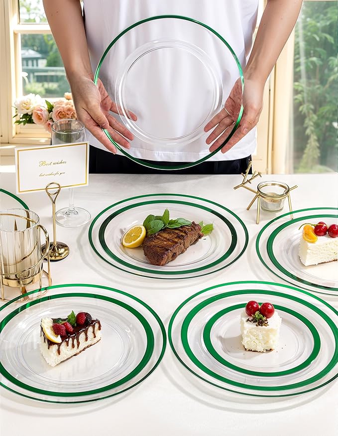 WDF 12 Inch Green Charger Plates - Charger Plates Bulk - 25Pack Plastic Clear and Green Charge Plate Perfect for Dinner/Wedding/Party/St. Patrick's Day
