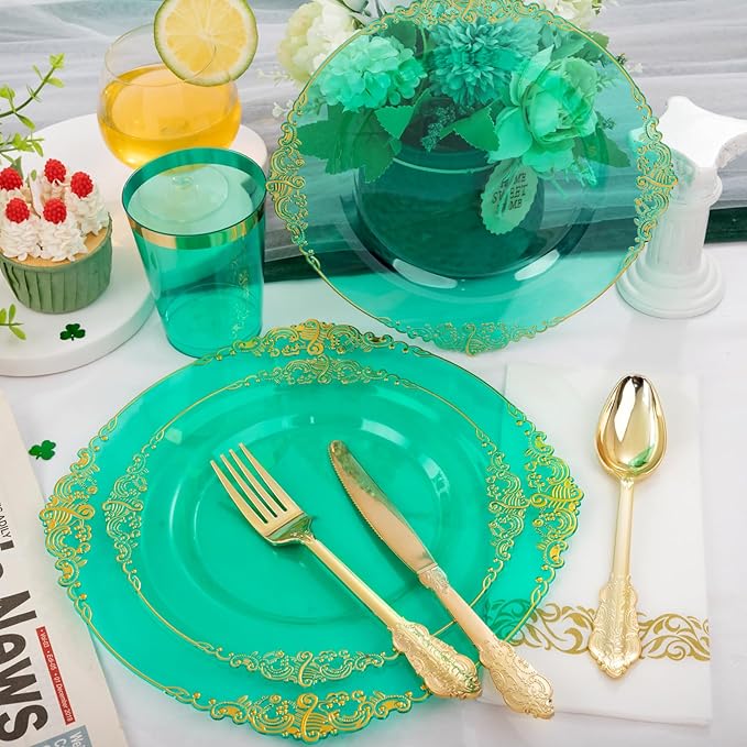 Hioasis 175pcs Clear Green Plastic Plates - Elegant Disposable Dinnerware Set Suitable for 25 Guests Include 10.25" Dinner & 7.5" Dessert Plates, Cutlery, Napkins, Cups for Party & Wedding