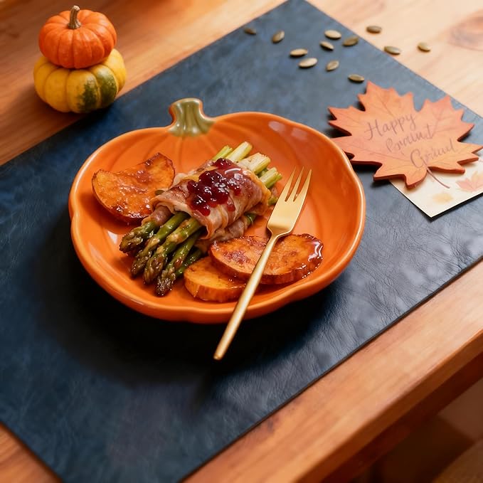 DOLOPL Placemats Set of 6 Reversible Dual-Color Table Placemats ??Heat Resistant Wipeable & Washable Place Mats, Luxury Faux Leather Table Mats for Vintage Dining Table Decor (Camel & Navy Blue)