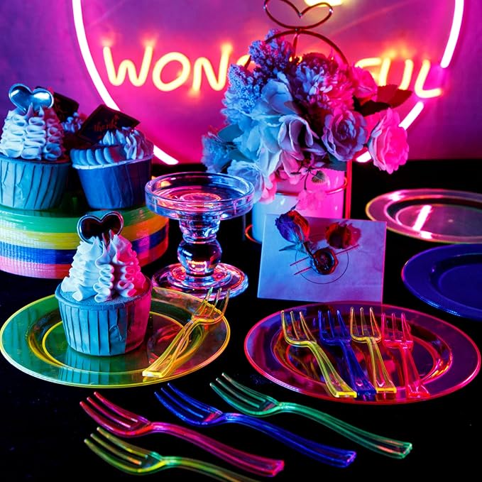 supernal 200pcs Appetizers Plates includ 100pcs Plastic Forks 100pcs Neon Party Plates Colorful Rainbow Disposable Party Plate and Dispsoable Forks Set for Party Catering Birthday New Year