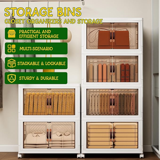 Storage Bins with Lids and Wheels, 220QT-110QT*2Tier Collapsible Bathroom Storage Cabinet with Clear Doors, Plastic Stackable Closet Organizers and Containers White