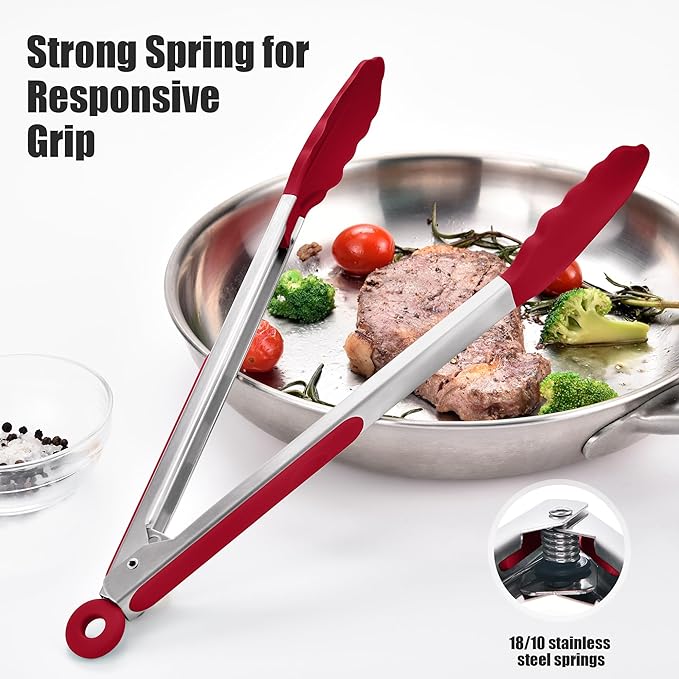 Doosu Kitchen Tongs for Cooking - 600째F Heat Resistant Food Tong with Non-Scratch Silicone Tips, Heavy Duty Stainless Steel Locking Tong for BBQ, Grilling Steak, Serving Salad, Pasta (12in, Red)