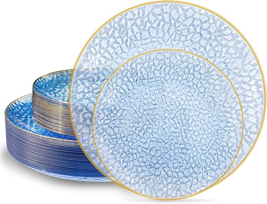 SUT 36Pcs Blue Plastic Plates, Hammered Plates Disposable Heavy Duty, Blue Disposable Plates With Gold Rim, Fancy Plastic plates Include 18 Dinner plate and 18 Dessert plate for Wedding