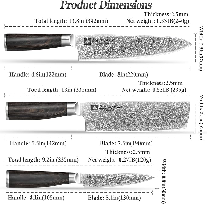 Japanese Damascus Knife Set 3 Piece, Damascus Chef Knife set 3, Forged from damascus steel Razor Sharp Professional Japanese knife set,Full Tang Handle,cooking gifts cooks