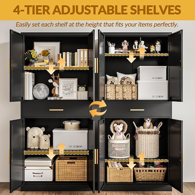Kitchen Pantry Cabinet,71??Metal Tall Pantry Storage Cabinet with Doors 2 Adjustable Shelves and a Drawer,Kitchen Storage Cabinets Black Freestanding Food Cabinet for Pantries, Kitchen, Dining Room