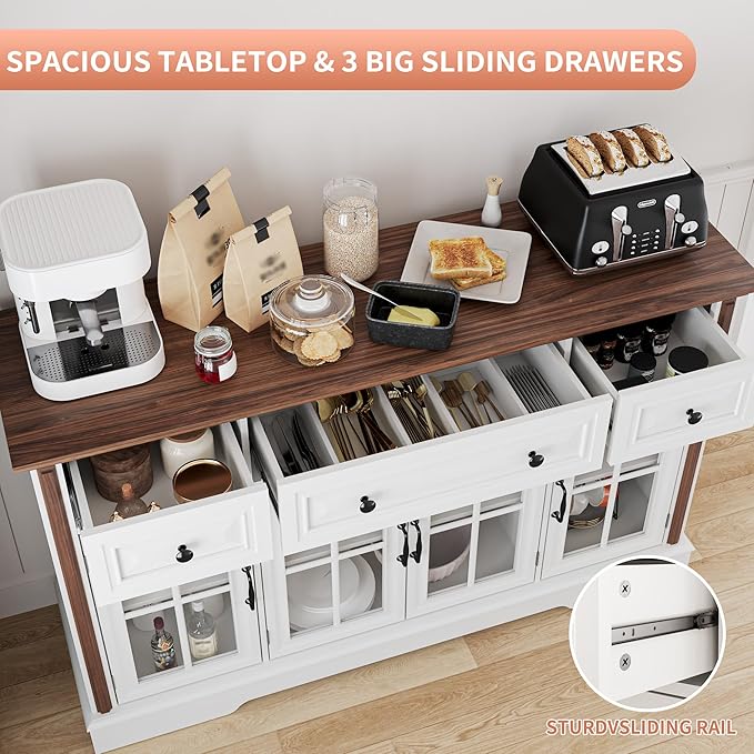 Sideboard Buffet Cabinet with Storage, 4 Glass Doors & 3 Drawers, 53.5" Farmhouse Modern Credenza Console Table with Adjustable Shelves, Coffee Bar Cabinet for Kitchen Dining Living Room, White