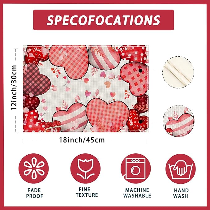 XCHI Love Hearts Valentine's Day Placemats Set of 6 Table Mats for Party Home Kitchen Dining Table Decorations 12x18 Inch