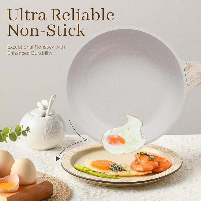 Pots and Pans Set Non Stick, 13Pcs Kitchen Cookware Sets, Granite Stone Induction Cookware Non Stick Cooking Set w/Frying Pans, Saucepans, Saut챕 Pan (PFOA Free), Cream White