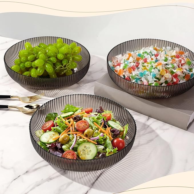 10 Pack 10 Inch Large Plastic Serving Bowls Salad Mixing Bowl Vertical Ribbed Pattern Buffet Party Serving Bowls for Vegetable Fruit Salad Candy Chip Popcorn Snack(Glacier Grey)