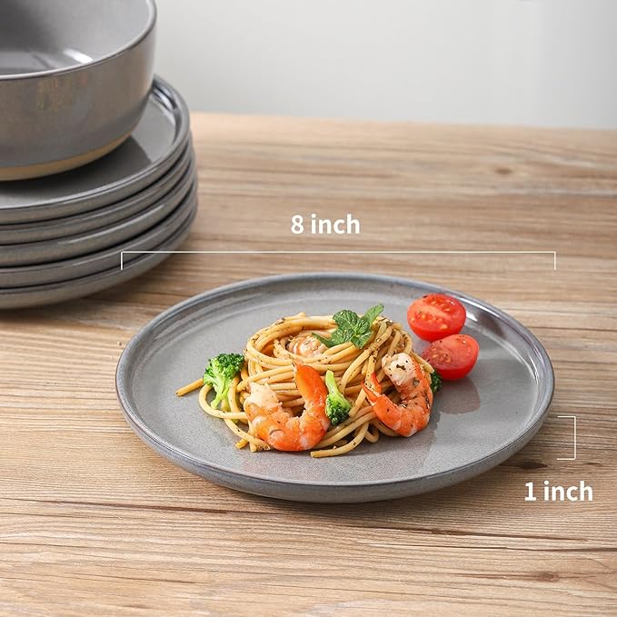 Ceramic Dinner Plates Set of 6,Stoneware 8 Inch,Microwave,Dishwasher and Oven Safe,Porcelain Dessert Plates for Pasta,Salad and Steak,Christmas Gift,Dishes for Kitchen,Scratch Resistant,Gray