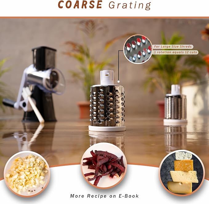 KARTWILL Rotary Cheese Grater Hand Crank with Handle - 3-in-1 Cheese Shredder - Easy to Clean Rotary Grater - Mandoline Vegetable Slicer - with Brush and Peeler - Black