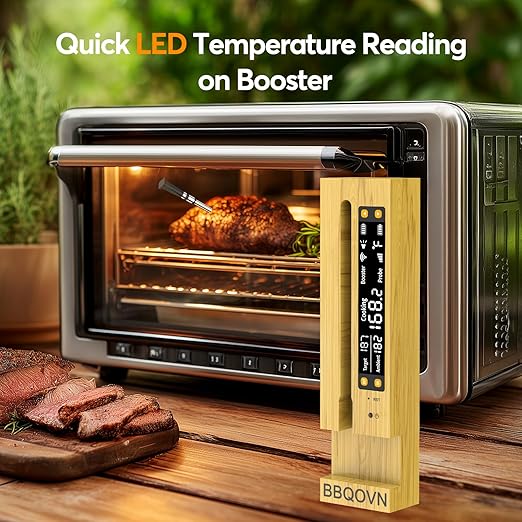 BBQOVN Smart Wireless Meat Thermometer,WiFi Unlimited Range Sub-1G (10X Stronger Than Bluetooth) 7 NIST-Certified Sensors 짹0.5째F Accuracy with Smart Base for BBQ, Grill, Smoker & Oven(1, Black)