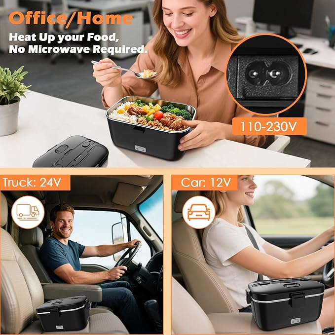 COZYEXPERT Electric-Lunch-Box-Heated-Food-Warmer 100W Heating Lunchbox for Adults 1.8L Portable Food Heater for Work/Car, 12V/24V/110-230V Lonchera El챕ctrica Port찼til with Fork Spoon (Black)