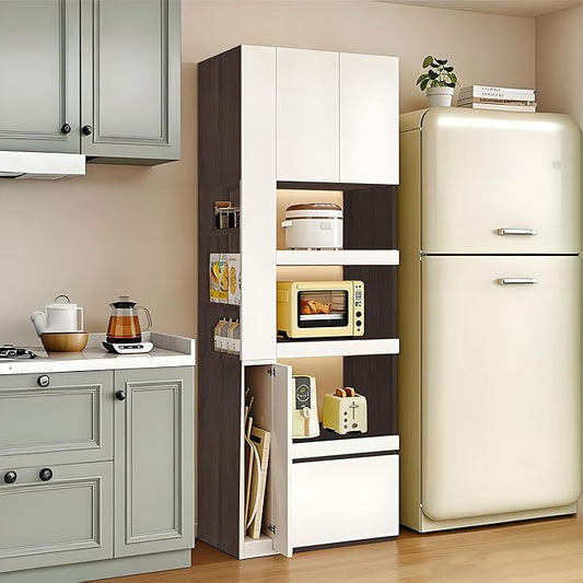 LINLIUA 71'' Tall Kitchen Pantry Cabinet, Wood Pantry Storage Cabinet with Doors, 3 Pull-Out Shelves and Drawer, Modern Slim Kitchen Hutch for Dining Room Small Space