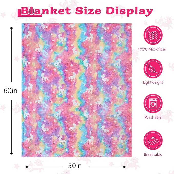 QSTEHEML Unicorn Glow in The Dark Blanket,Unicorn Gifts Toys for Kids Girl Age 3-12 Years Old,Birthday Gifts for Toddler, Teen,Christmas Birthday Bedroom Decor 50"횞60"