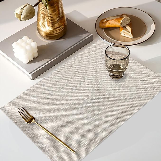 LANDVIEW Vinyl Placemats Set of 4, PVC Woven Washable Non-Slip Table Mats, Heat Resistant Wrinkle Free Place Mats for Dining Table, Easy to Clean (4, Beige)