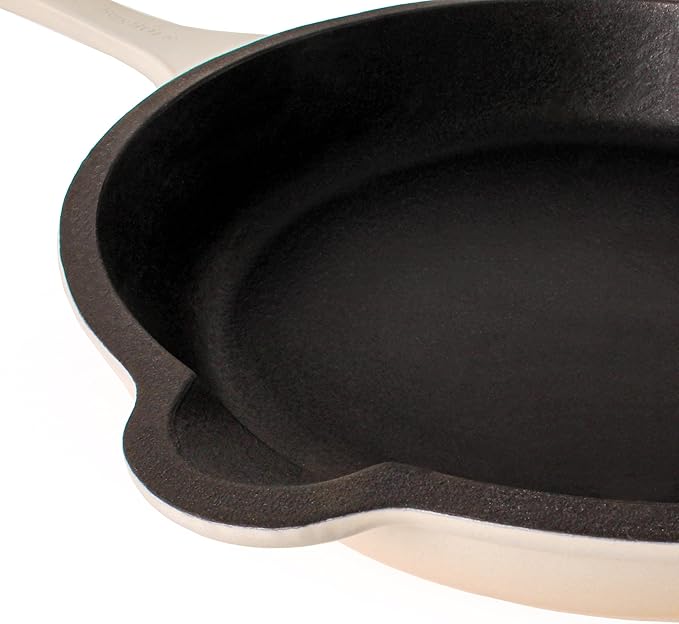 BergHOFF Neo 3Pc Enameled Cast Iron Cookware Set, Fry Pan 10 inches, Grill Pan 11 inches, Slotted Steak Press, Fast, Evenly Heat, Oven safe (Meringue)
