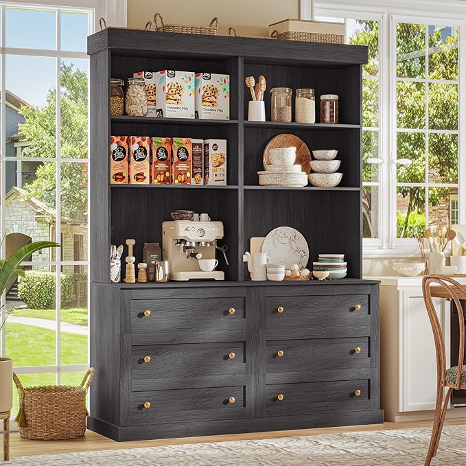 71" Tall Farmhouse Kitchen Pantry, Large Storage Cabinet with Drawers, Freestanding Coffee Bar Hutch with Microwave Stand, Adjustable Shelves for Kitchen, Living Room, Black 4 Pcs