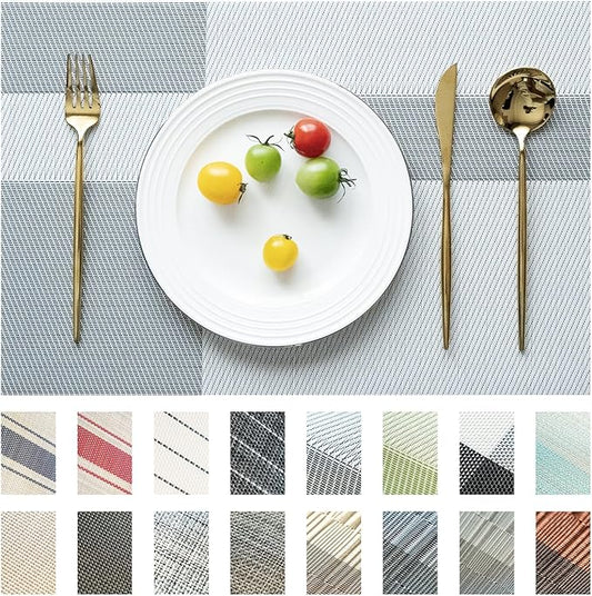 SUMYMERY Placemats Set of 8 Vinyl/Plastic Woven Place Mats for Kitchen Table Indoor/Outdoor Washable Placemat Wipeable Dining Table Mats (Silver Cube,8)