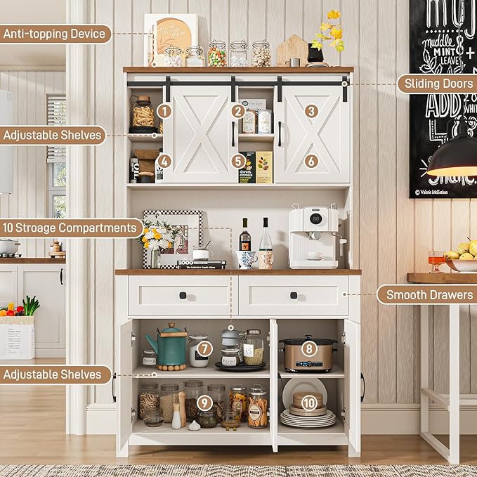 67.7 Inch Farmhouse Pantry Storage Cabinet with Sliding Barn Doors, 2 Drawer Farmhouse Coffee Cabinet with Adjustable Shelf, Side Board with Buffet Cupboard for Livingroom Kitchen, White