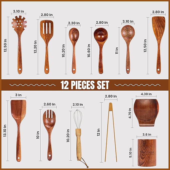 Natural Wooden Spoons for Cooking - 12 Pcs Non Teak Wooden Utensil Set Safe Kitchen Utensil Set with Nonstick Wood Spatula, Bamboo Wooden Cooking Utensils Set With Holder & 6 Hooks
