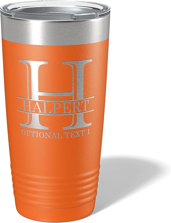 Personalized 20oz (17 Colors) Powder Coated Insulated Stainless Steel Tumbler with Lid, Custom Etched, Customized Engraved Gift Idea for Women Men Her Him, Halpert Monogram Initial Name (Orange)