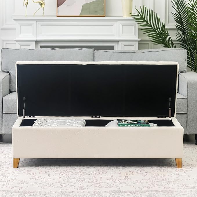 DECO DE VILLE Ottoman with Storage, 51 Inch End of Bed Storage Ottoman Bench, Linen Fabric Upholstered Ottomans with Hinged Lid, Rectangle Long Foot Rest Bench for Entryway Living Room Bedroom White