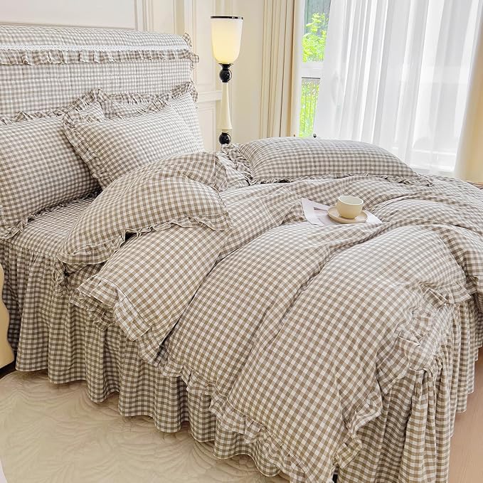 LifeTB Tan Gingham Comforter Set Full Vintage Ruffle Taupe Plaid Comforter Set 3 Pieces Soft Fluffy Grid Checkered Pattern Comforter with 2 Pillowcases Farmhouse Gingham Bedding Comforter Full
