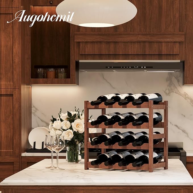 Wine Rack竊똁amboo Wine Storage Cabinet Shelf竊똂ountertop Wine Shelf- Freestanding Wine Holder for Kitchen & Pantry (Brown, 4-Tier)