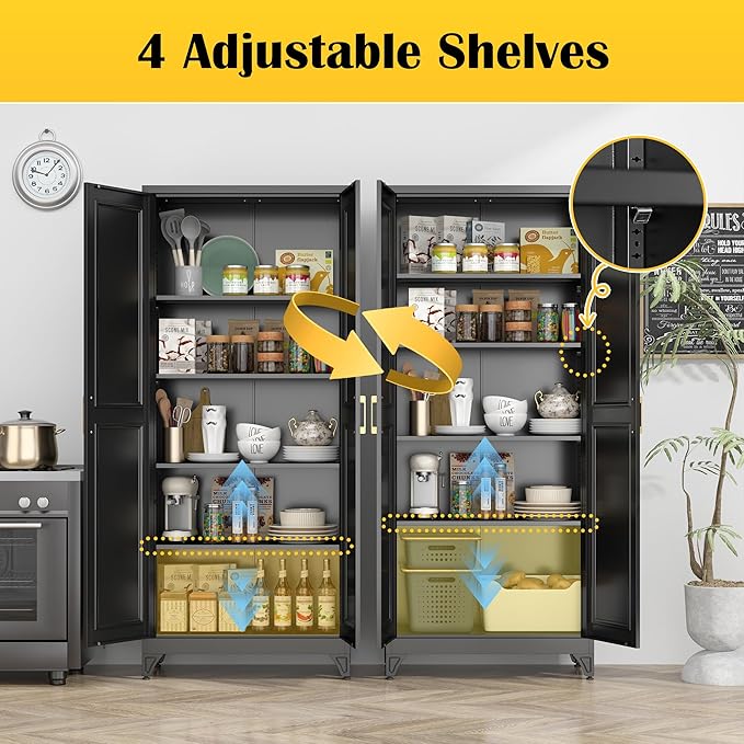 Kitchen Pantry Cabinet,75?쒫lack Metal Storage Cabinets with Doors and 4 Adjustable Shelves,Kitchen Cabinet with 2 Gold Handles,Tall Cabinet for Livingroom, Bathroom