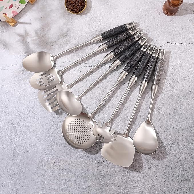 18/10 Stainless Steel Kitchen Utensils Set with Wooden Handle, 8Pcs 15??Long Cooking Utensil Set & Kitchen Gadgets Cookware Set, Serving Utensils-Spatula, Turner, Pasta, Serving Spoon, Skimmer, Ladle