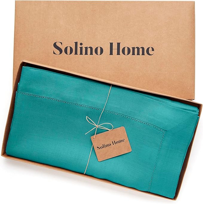 Solino Home Linen Square Tablecloth 52 x 52 Inch - 100% Pure Linen Teal Table Throw - Classic Hemstitch, Machine Washable Table Cloth