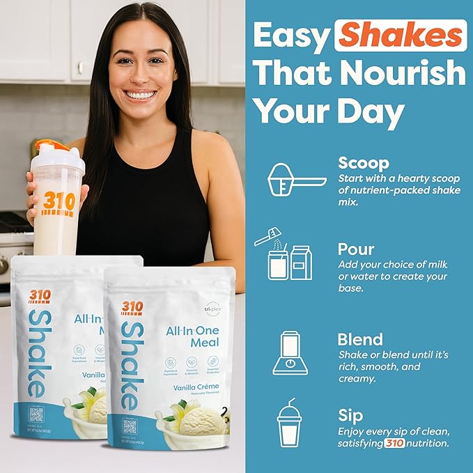 310 Nutrition All-In-One Meal Replacement Shake Powder - Plant-Based Protein Smoothie Blend w/High Fiber, Probiotics & Adaptogens - Low Carb, Vegan, Keto & Paleo Friendly - Vanilla Creme - 28 Srv