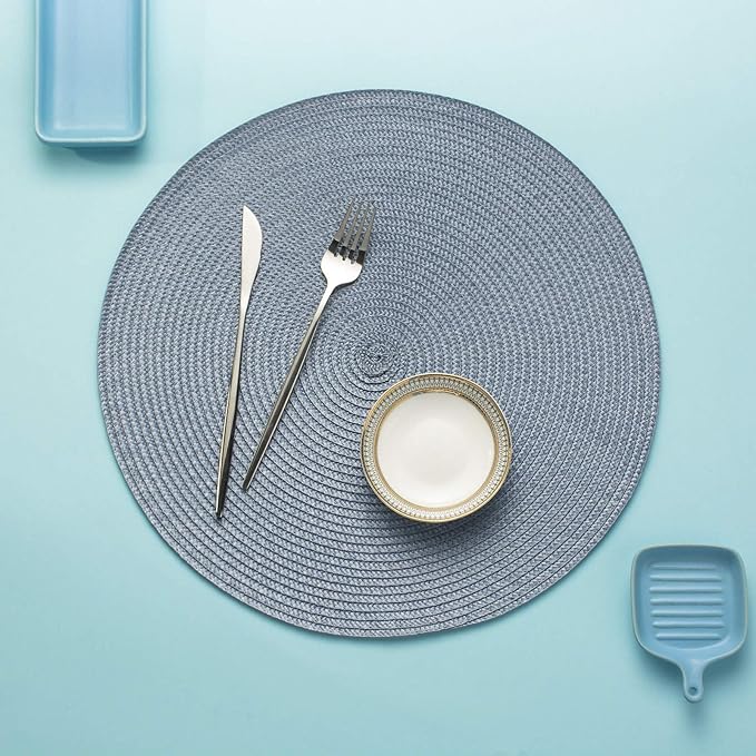 AHHFSMEI Round Braided Placemats 15 Inch Round Table Mats for Dining Tables Natural Woven Heat Resistant Place mats Set of 6 (Light Blue)