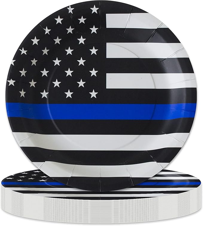 Havercamp Police-Thin Blue Line Lg. 9??Plates (24 Pcs.) in the Official Thin Blue Line Flag Pattern. 24 paper dinner plates