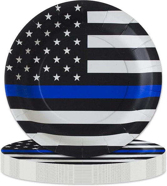Havercamp Police-Thin Blue Line Lg. 9??Plates (24 Pcs.) in the Official Thin Blue Line Flag Pattern. 24 paper dinner plates