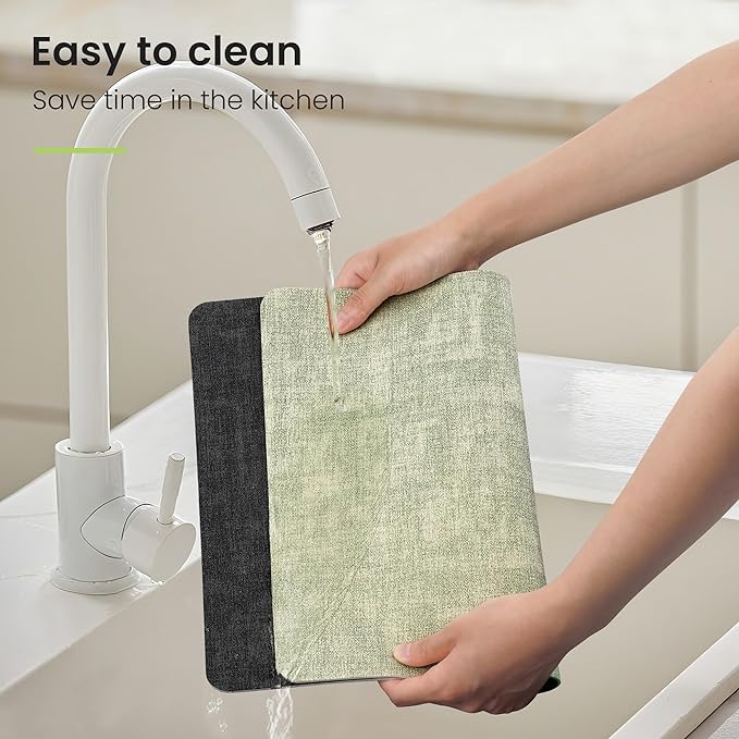 Fyvva Placemats Set of 4, Faux Leather Heat Resistant Wipeable Placemats, Dual Sided Waterproof Washable Table Mats with Coaster, Suitable for Kitchen, Dining, Table Decor (4, Black Light Green)