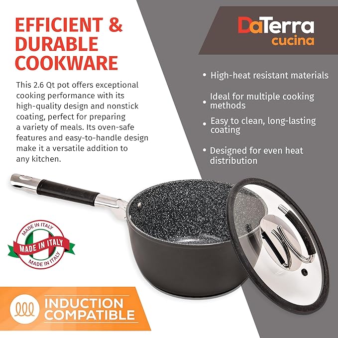 DaTerra Cucina - 2.6 Qt Nonstick Ceramic Saucepan with Lid ??Induction Compatible Cooking Pot, Nonstick Ceramic Sauce Pan for Soup, Pasta, Milk, and More, Medium Size for Kitchen, Oven Safe