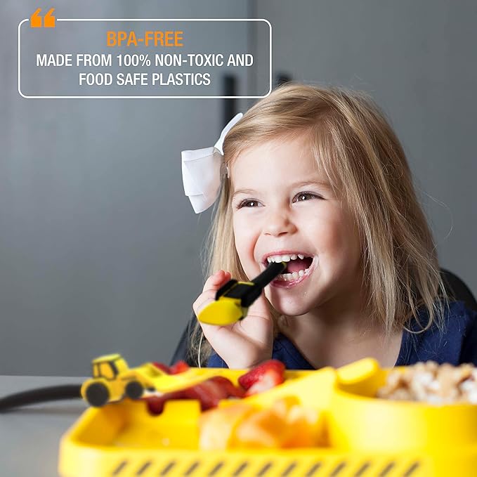 Dinneractive Utensil Set for Kids ??Construction Themed Toddler Forks and Spoons, Toddler Utensils ??2-Piece Set ??Yellow Construction Utensils For Toddlers - Loader & Tractor Toddler Spoons and Forks