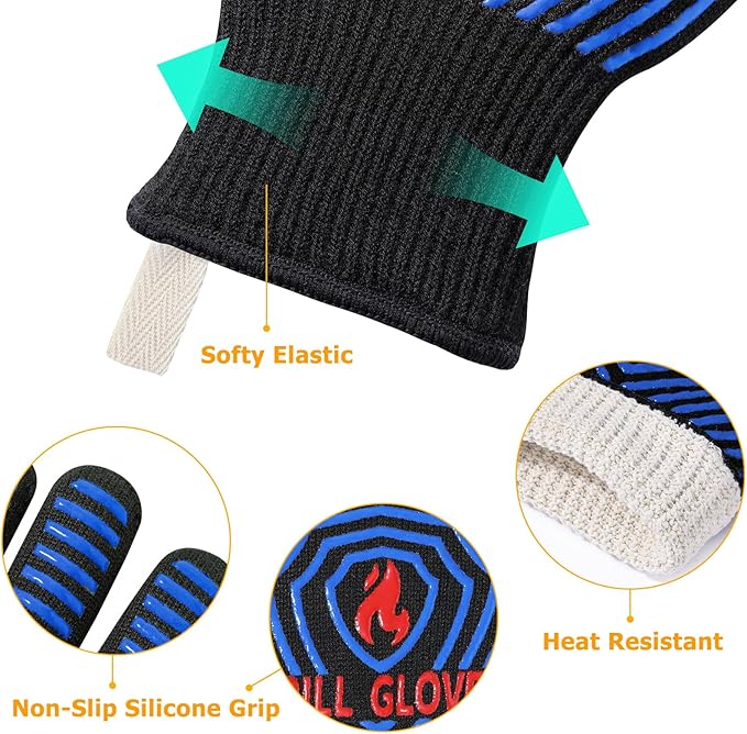 QUWIN BBQ Gloves, Oven Gloves 1472??Extreme Heat Resistant, Grilling Gloves Silicone Non-Slip Oven Mitts, Kitchen Gloves for BBQ, Grilling, Cooking, Baking-1 Pair (One Size Fits Most, Black/Blue)