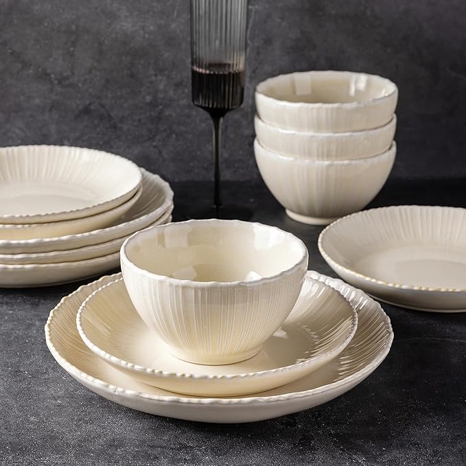 GBHOME Stoneware Dinnerware Sets for 4,Round Reactive Glaze Ceramic Plates and Bowls Set, Highly Scratch Resistant | Dishwasher & Microwave Safe Dishes Set,Service for 4(12Pcs)