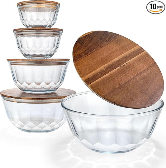 Large Stackable Set of 5 Nesting Glass Bowls with Acacia Lids for Foodprep, Storage, Baking, Sourdough Mixing & Cooking. Microwave & Oven Safe Heat Resistant Inert Borosilicate Glass