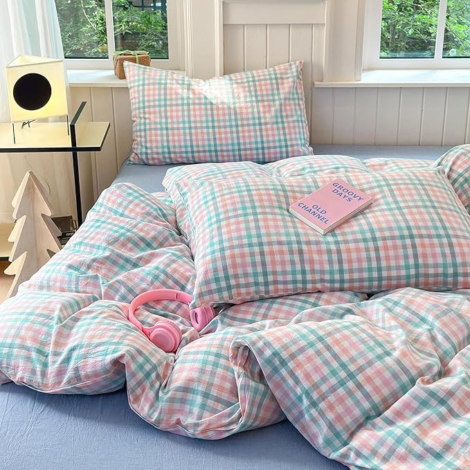 LifeTB Queen Comforter Set Multi-Colored Gingham Comforter Modern Style Checkered Pattern Comforter Set Colorful Grid Plaid Bedding Comforter Fluffy Soft Lightweight Grid Bedding Set Breathable
