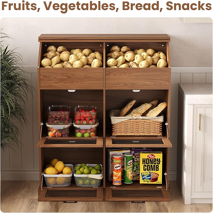 COSIEST Oversized Potato Storage Bin, 47'' High Wooden Bread Box with Adjustable Door Hinge, Farmhouse Potato and Onion Storage Bin with 4 Mesh Doors, Kitchen Fruit and Vegetable Storage Cabinet