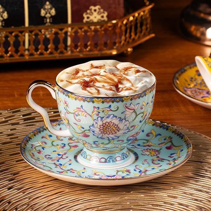 KAMMAK Tea Cups and Saucers Set of 2, Porcelain Coffee Cups with Saucer for Espresso, Cappuccino, 7.5oz Vintage Yellow and Blue Ceramic Novelty Mug for Home, Tea Party, Office