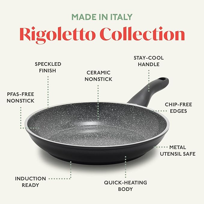 Rigoletto 9.5??Nonstick Frying Pan Skillet, Made in Italy, Layered Ceramic PFAS-Free Surface, Induction Ready, Dishwasher & Metal Utensil Safe, Granite Finish, Stay-Cool Handle,Black